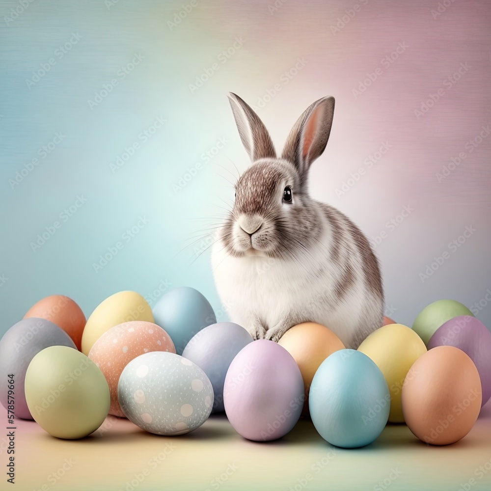 Happy Easter bunny with many colorful easter eggs, generative ai