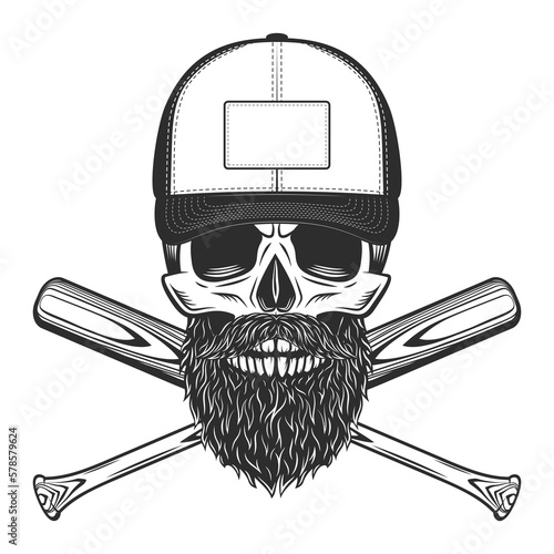 Skull in cap with beard and mustache with baseball bat club emblem design elements template in vintage monochrome style isolated vector illustration