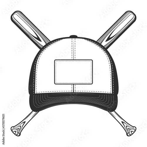 Baseball bat with cap club emblem design elements template in vintage monochrome style isolated vector illustration
