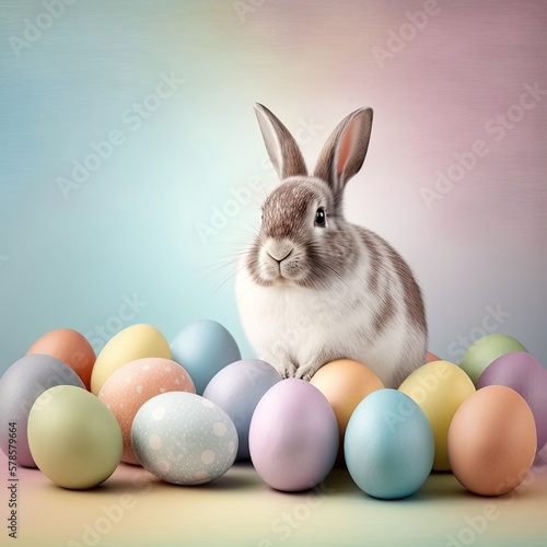 Happy Easter bunny with many colorful easter eggs, generative ai © pham