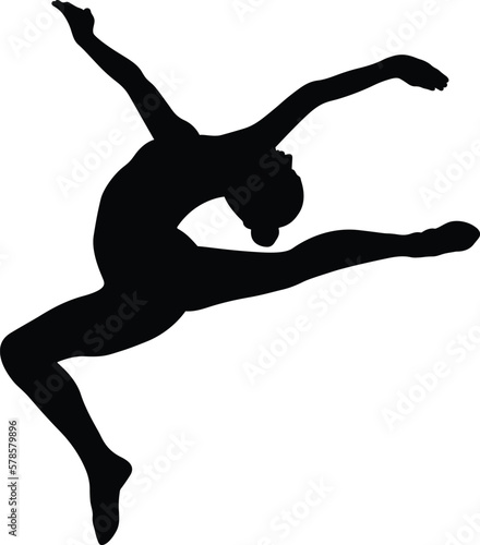 stag split leap girl gymnast in rhythmic gymnastics side view, black silhouette on white background, vector illustration