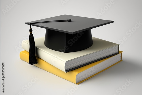2 books and black graduation cap on white background table photo