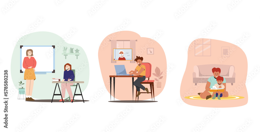 Family Education, School at Home Concept. Parents and Children Make Lessons Together, Prepare Classes.Mother, Father, Kids Students Characters Study and Make Homework. Cartoon People Vector Illustrati