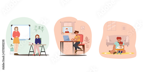 Family Education, School at Home Concept. Parents and Children Make Lessons Together, Prepare Classes.Mother, Father, Kids Students Characters Study and Make Homework. Cartoon People Vector Illustrati