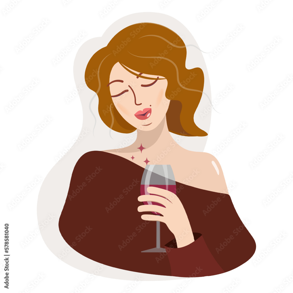 The woman holds a glass of wine. Peaceful and friendly illustration in a party mood. Vector design on a white background. Evening alone. The girl is addicted to alcohol.Cartoon, flat. The woman holds a glass of wine. Peaceful and friendly illustration in a party mood. Vector design on a white background. Evening alone. The girl is addicted to alcohol.Cartoon, flat.
