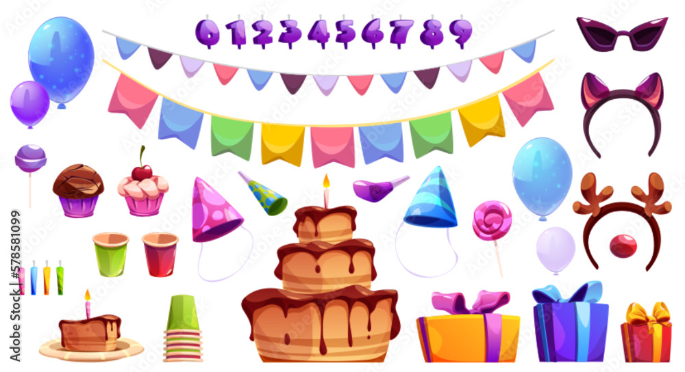 Cute birthday vector party element set with cake. Isolated ballon, hat, flar garland and candle number icon on white background. Surprise collection for fun kid celebration with chocolate dessert.