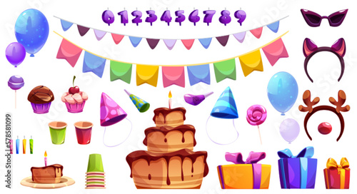 Cute birthday vector party element set with cake. Isolated ballon, hat, flar garland and candle number icon on white background. Surprise collection for fun kid celebration with chocolate dessert.