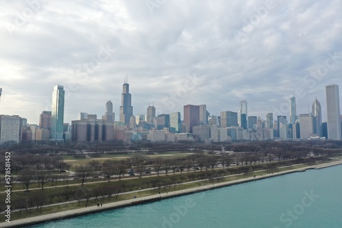 Overcast aerial view of Chicago, Illinois city skyline. USA