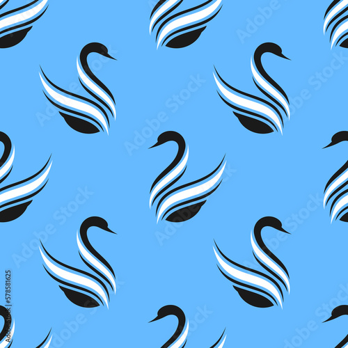 Fototapeta Naklejka Na Ścianę i Meble -  Swan vector seamless pattern. Stylized black and white bird silhouettes on blue background. 