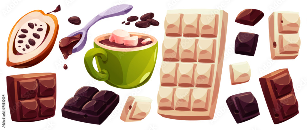 Isolated white chocolate bar and cacao pod cartoon vector set. Cup illustration with hot melt drink and marshmallow. Liquid brown milk sweet dessert in spoon. Dark organic chocoloate block and bean. Isolated white chocolate bar and cacao pod cartoon vector set. Cup illustration with hot melt drink and marshmallow. Liquid brown milk sweet dessert in spoon. Dark organic chocoloate block and bean.