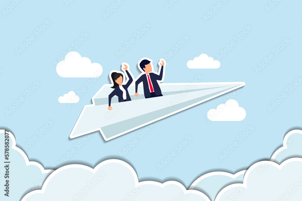 Obraz premium Mentor or support employee to success, manager to help or advice staff to reach goal, work coaching or adviser expert concept, businessman manager riding paper plane origami with team colleagues. 