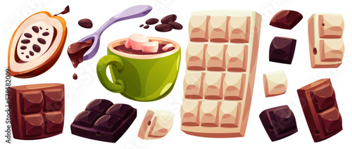 Isolated white chocolate bar and cacao pod cartoon vector set. Cup illustration with hot melt drink and marshmallow. Liquid brown milk sweet dessert in spoon. Dark organic chocoloate block and bean.