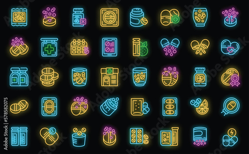 Effervescent tablets icons set outline vector. Water pill. Cup drug neon color on black