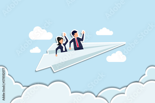 Mentor or support employee to success, manager to help or advice staff to reach goal, work coaching or adviser expert concept, businessman manager riding paper plane origami with team colleagues. 