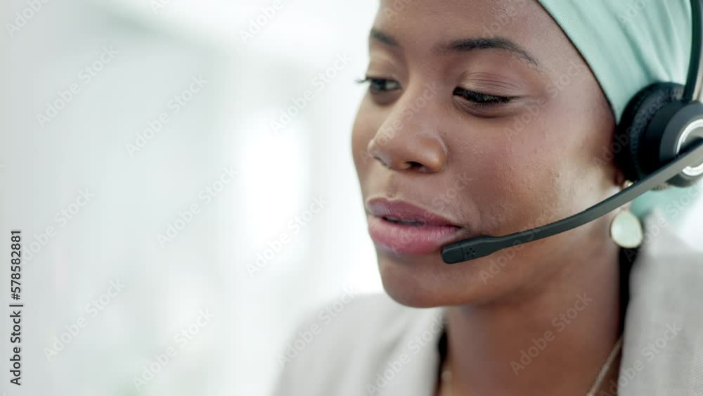Black woman, call center and consulting in telemarketing, customer service or support at office desk. Happy African female consultant or agent face talking with headset explaining sales in contact us