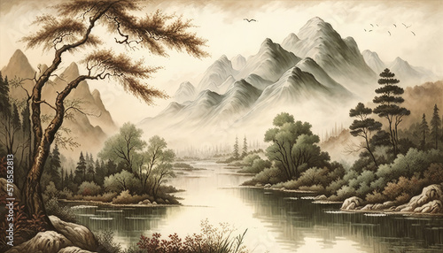 China painting, sunrise in the mountains, lake, and trees