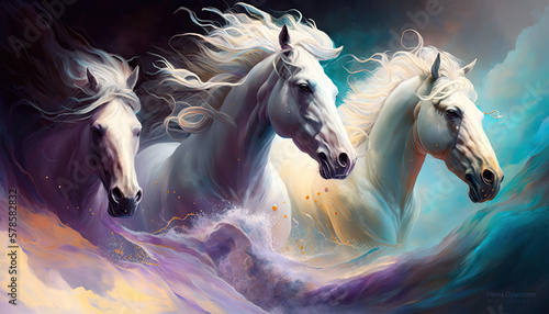 Generative AI illustration of white horses in mystic clouds © Pema Gyamtsho