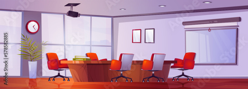 Cartoon boardroom interior design. Vector illustration of company office with furniture for corporate meeting or presentation. Wooden table with chairs, whiteboard on wall, projector on ceiling