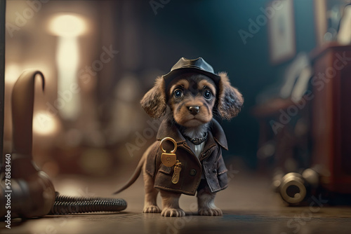 cute miniature dachshund detective, Generative AI
