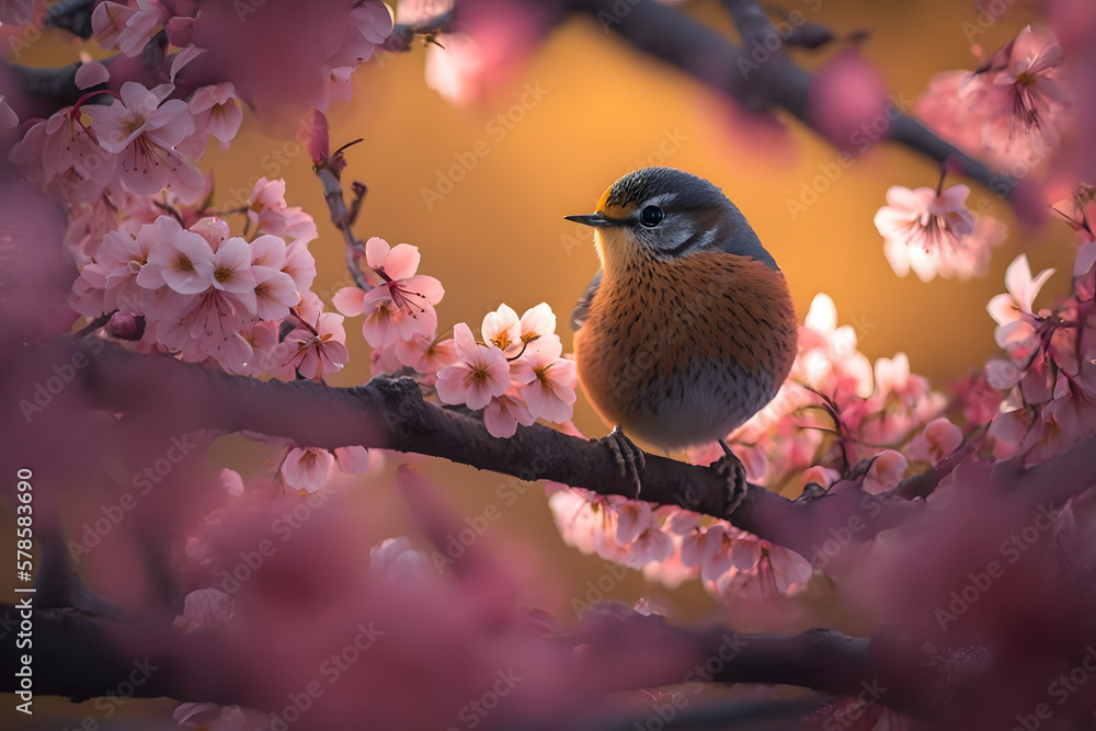 Fototapeta premium a little small bird on a beautiful cherry blossom tree branch