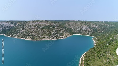 Pula Sea in Croatia, Rakalj Aerial Panoramic Drone View of Bay in European Beach Coastline, Summertime Vibes, Clear Daylight