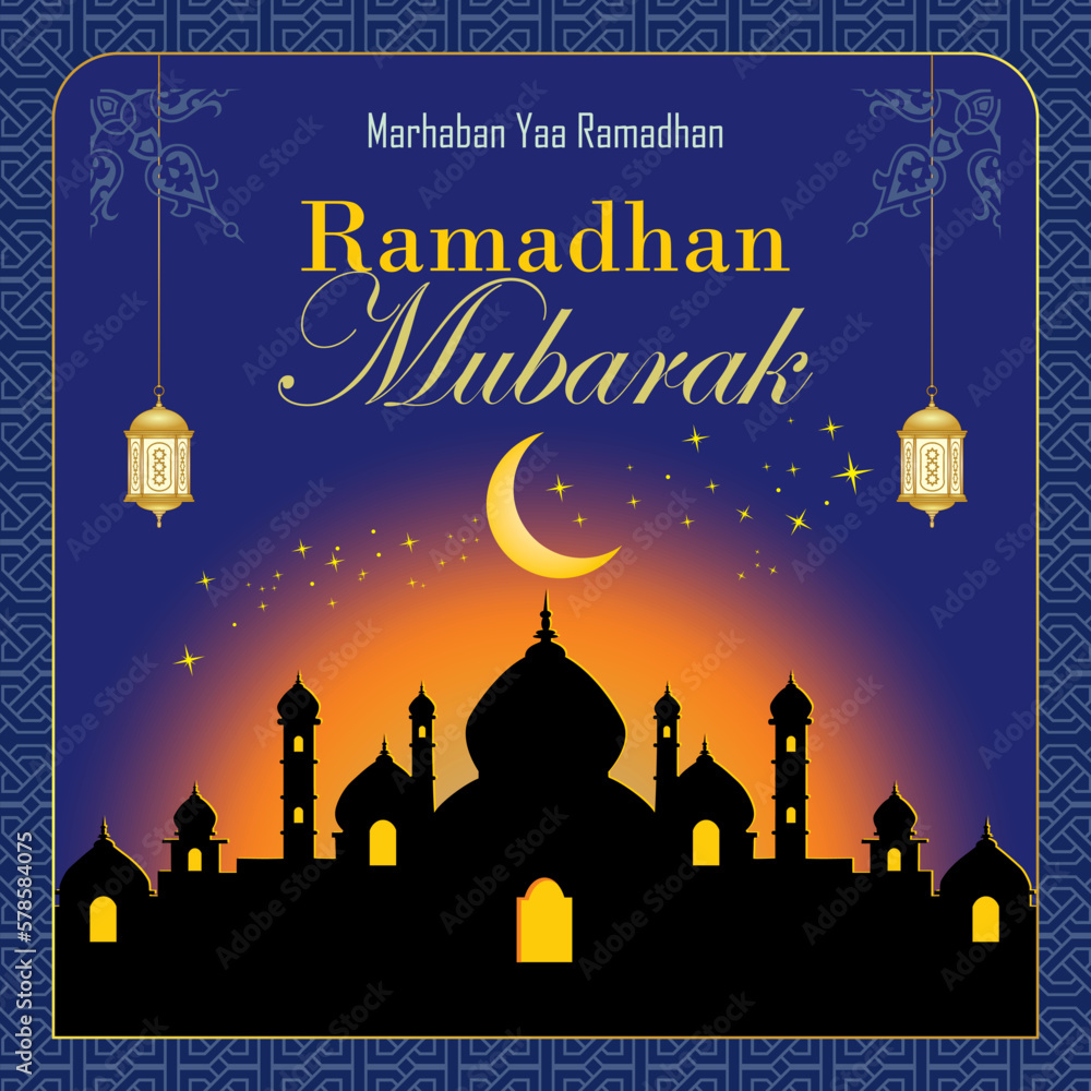 Ramadan luxury, creative and elegant square vector illustration of silhouette mosque, Arabic lantern and Islamic ornament. Arabic translation  blessed Ramadan. Vector Illustration.