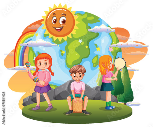 Children playing music with earth globe