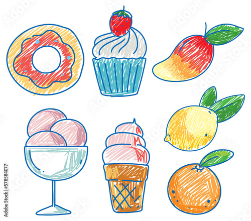 Simple children scribble of fruit and sweets