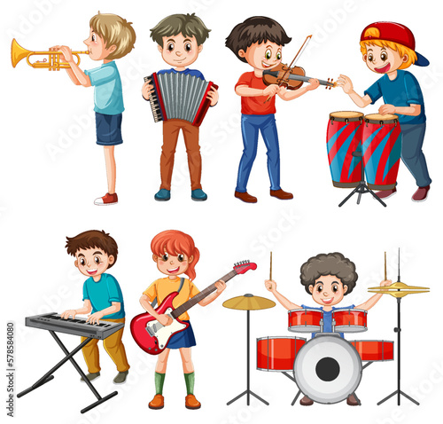 Set of kids playing different musical instrument