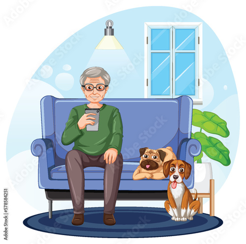 Senior man using smartphone at home