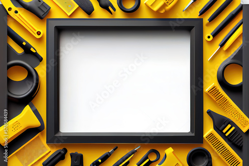 border frame of black-yellow color tools set as background with blank copy space for your text. Generative Ai photo