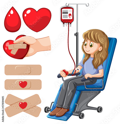 Woman donor blood with blood bag and plaster bandage
