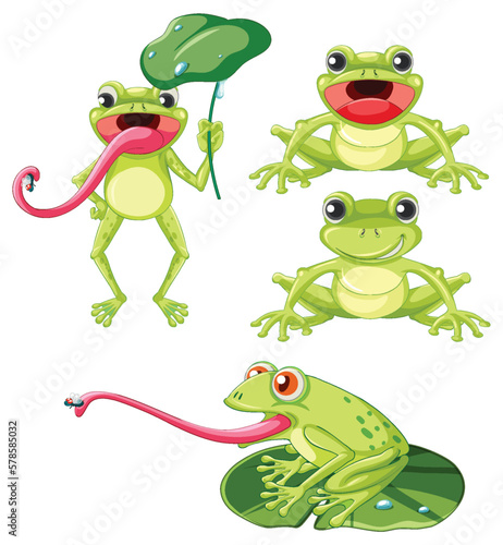 Set of green frog cartoon character