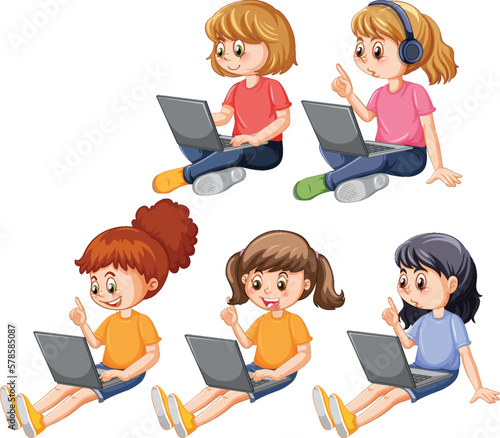 Cartoon Kids Using Laptops for Online Learning