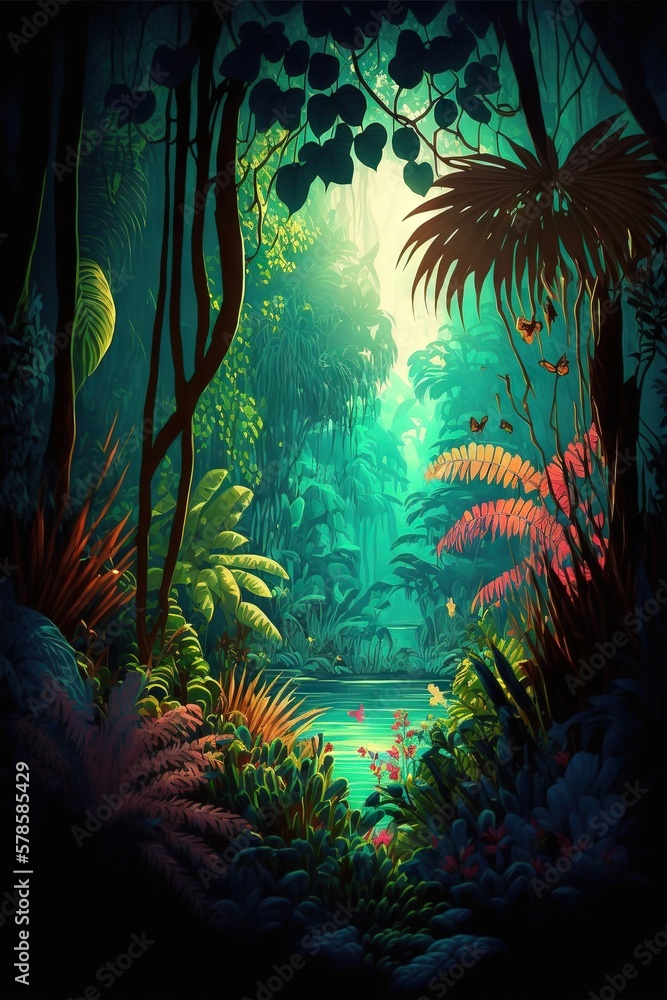 Naklejka premium Beautiful colorful tropical leaves on dark background. Abstract background or wallpaper Generative AI.