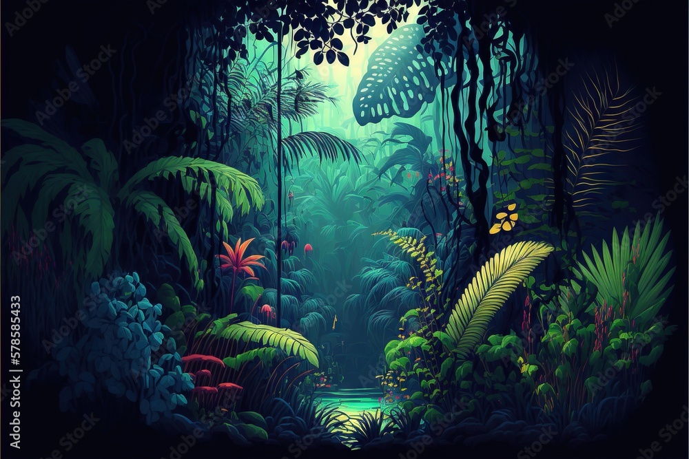 Naklejka premium Beautiful colorful tropical leaves on dark background. Abstract background or wallpaper Generative AI.