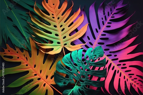 Beautiful colorful tropical leaves on dark background. Abstract background or wallpaper Generative AI.
