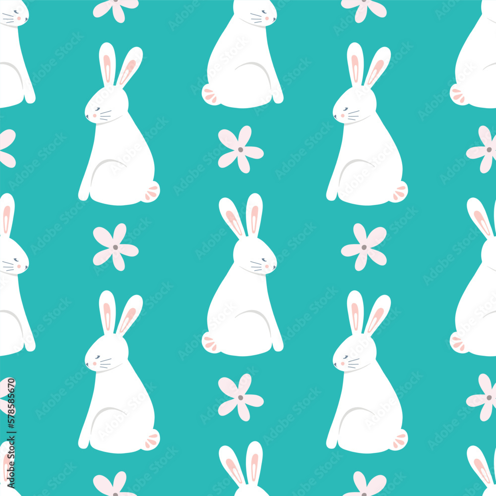 Easter rabbit pattern background, cute vector seamless repeat design of spring bunnies with flowers. 