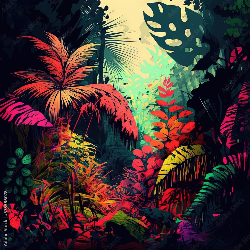 Beautiful colorful tropical leaves on dark background. Abstract background or wallpaper Generative AI. Beautiful colorful tropical leaves on dark background. Abstract background or wallpaper Generative AI.