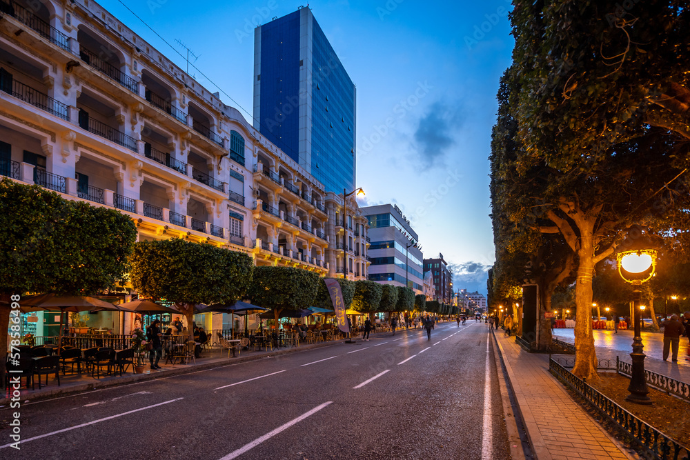Tunis, Tunisia - Habib Bourguiba Avenue with Hotel Africa towering in the background