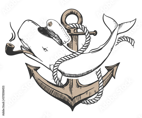 White sperm whale in a capital cap and with a smoking pipe in his mouth. A creative illustration of a whale entwined with a rope at anchor. Old school tattoo sketch, surreal idea for t-shirt prints.