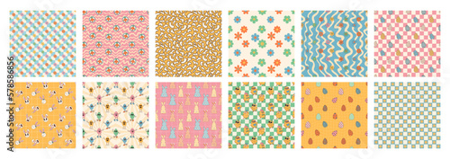 Groovy hippie Happy Easter seamless pattern set. Easter backgrounds in trendy retro 60s 70s cartoon style.