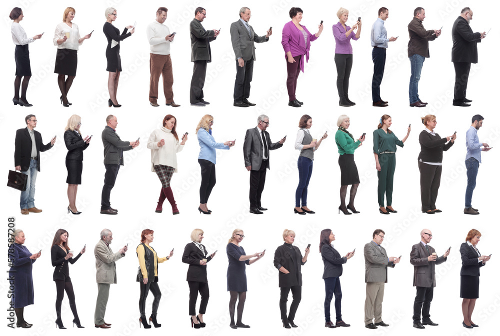 group of people profile holding phone in hand isolated group of people profile holding phone in hand isolated