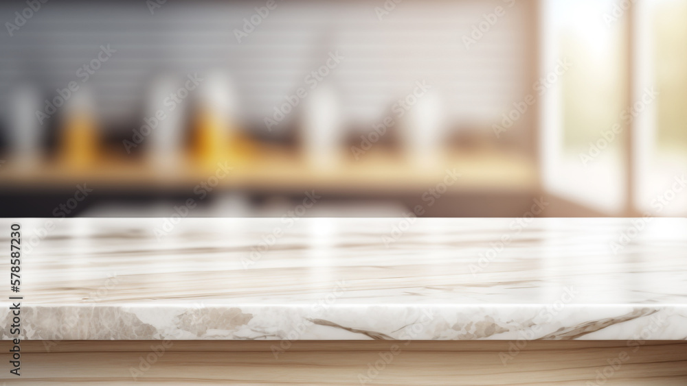 Empty white marble counter top table modern kitchen for display over bright luxury kitchen background, product design on display Empty white marble counter top table modern kitchen for display over bright luxury kitchen background, product design on display