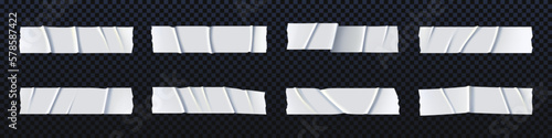 White adhesive tape pieces, torn sticky paper labels isolated on transparent background. Blank scotch strips, ripped rectangle shape stickers with wrinkles, vector realistic set