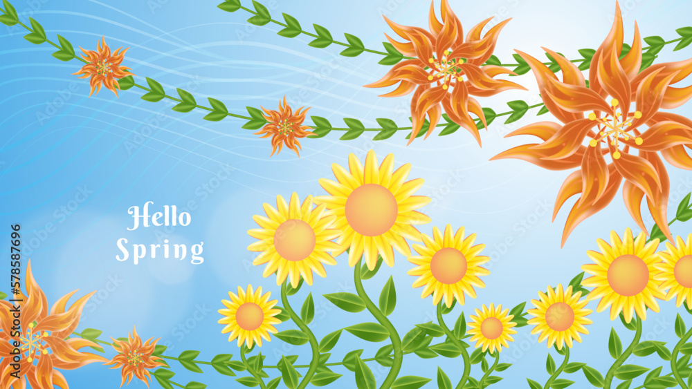 Beautiful spring floral background template. Soft blue spring landscape wallpaper design