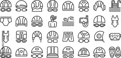 Swimming cap icons set outline vector. Swim pool. Water cap