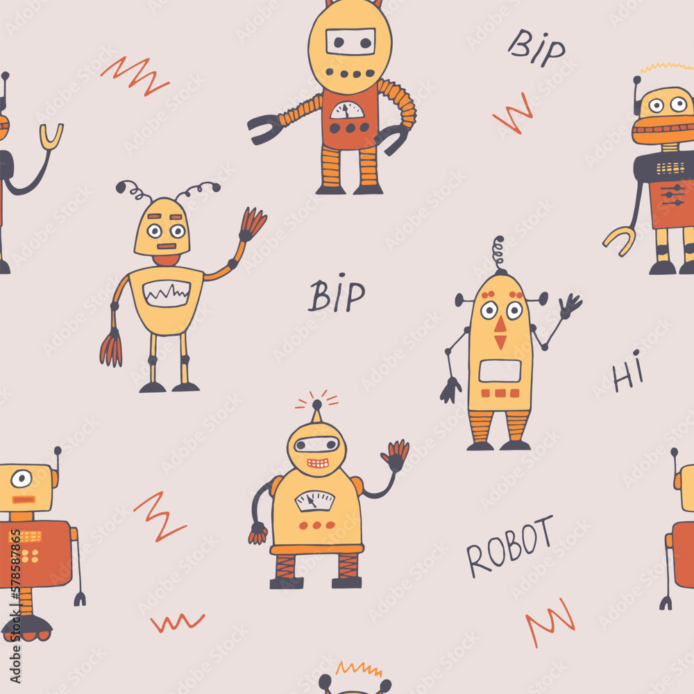 robot seamless pattern hand drawn in doodle style. cartoon character for kids room decor and clothes. robot seamless pattern hand drawn in doodle style. cartoon character for kids room decor and clothes.