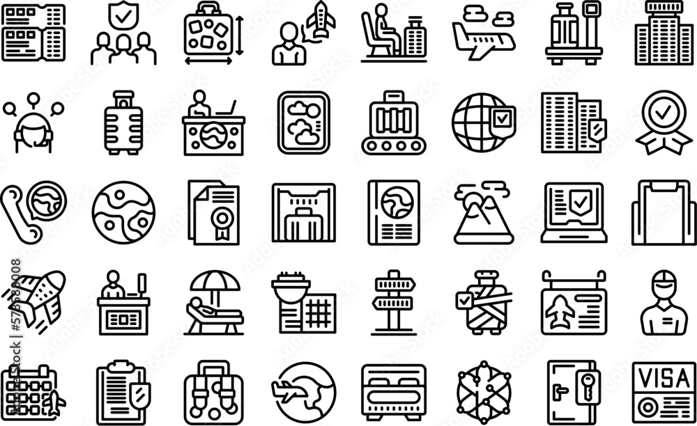 Travel agent icons set outline vector. Abroad journey. Go tourism - obrazy, fototapety, plakaty 