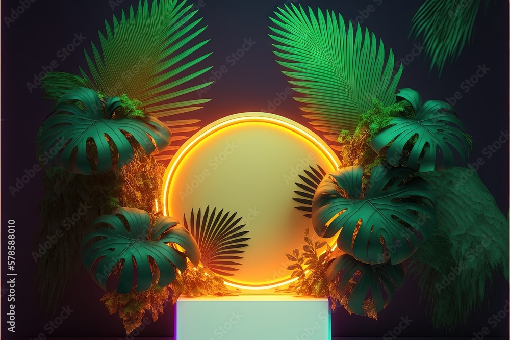 Beautiful Colorful Tropical Leaves With Neon Frame On Dark Background beautiful-colorful-tropical-leaves-with-neon-frame-on-dark-background